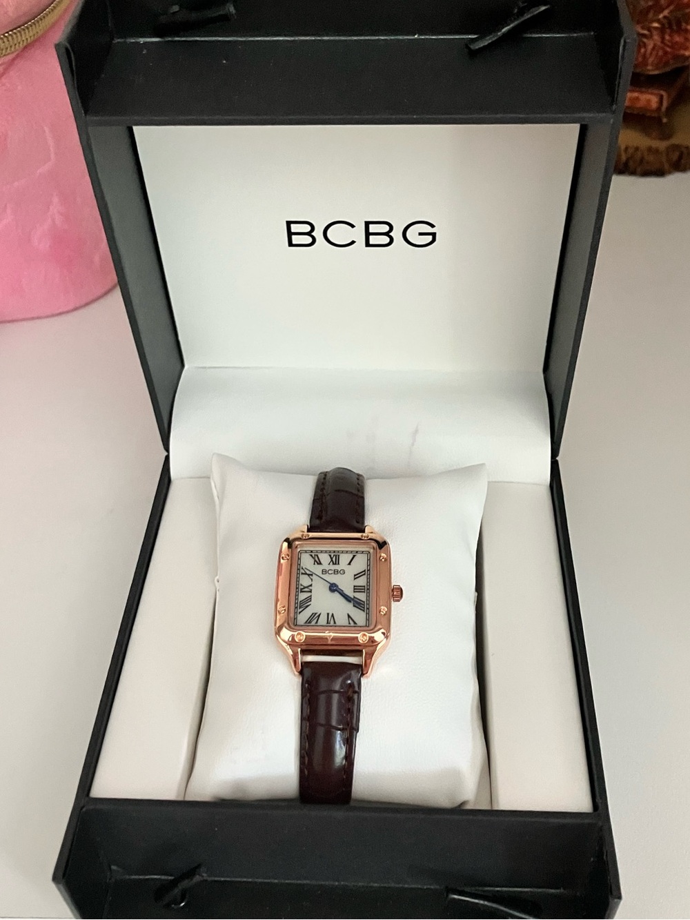 NWT BCBG Rose Gold Tone Classic Face Watch with Dark Brown Strap